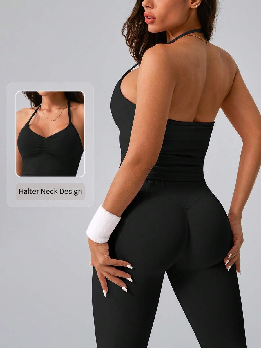 Tank Top Ribbed - Womens Ribbed Elastic Halter Neck Yoga