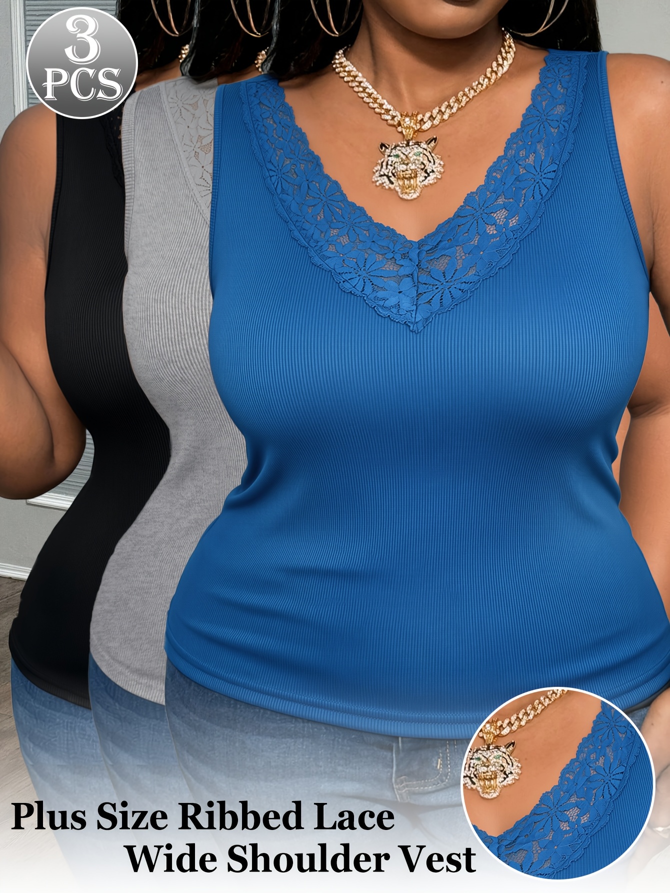 3-Pack Plus Size Lace V-Neck V - Sleeveless Undershirt のレビューと価格