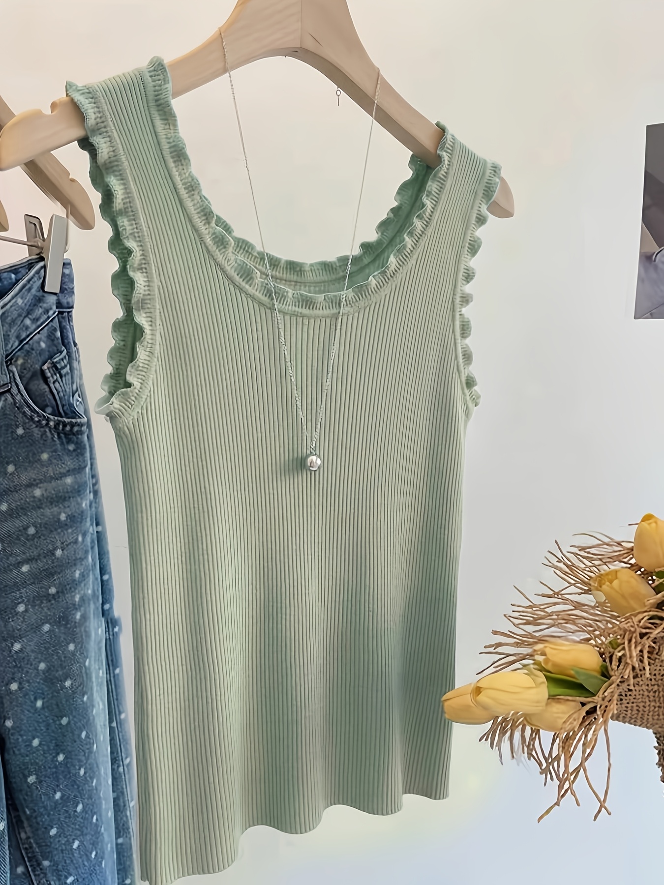 Women's Sleeveless Lace Trim R - Tank Top Ribbed のレビューと価格