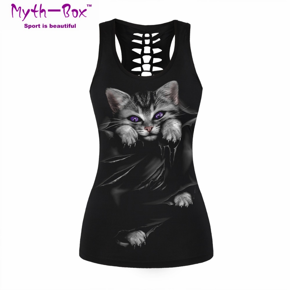 Women Sport Vest Bad Cat Print - Sleeveless Undershirt のレビューと価格