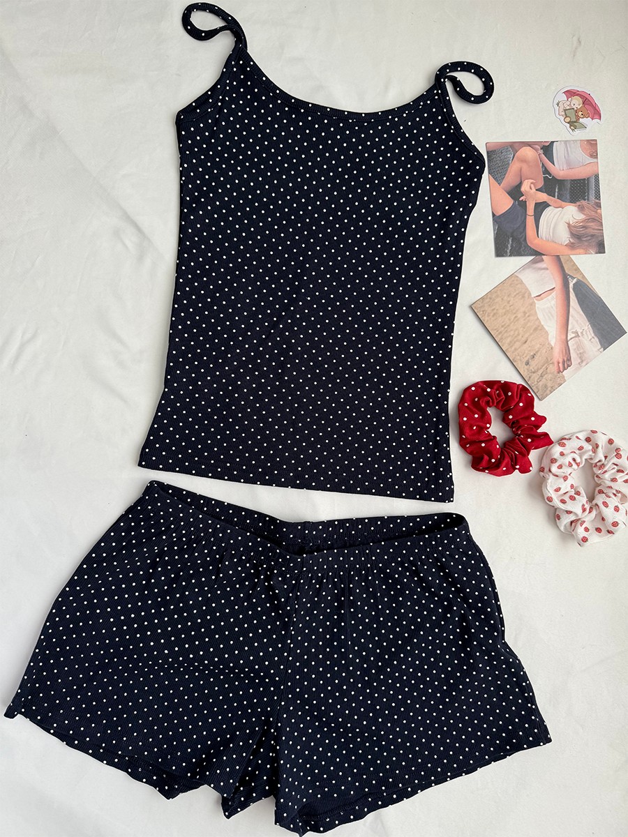 Navy Dot Ribbed Shorts Sets Wo - Tank Top Ribbed のレビューと価格