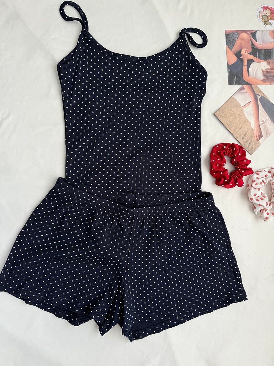 Navy Dot Ribbed Shorts Sets Wo - Tank Top Ribbed のレビューと価格