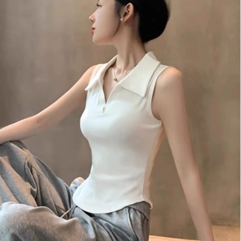 Women's White Sleeveless Polo  - Tank Top Ribbed のレビューと価格